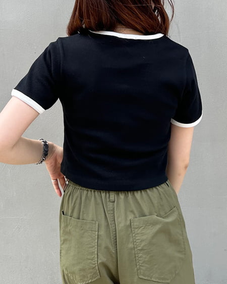 INGNI(イング) 胸刺しゅうロゴリンガーリブTシャツ クロ/オフホワイト