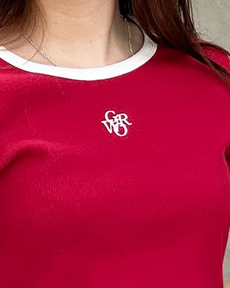 INGNI（イング） 胸刺しゅうロゴリンガーリブTシャツ ｱｶ/ｵﾌﾎﾜｲﾄ