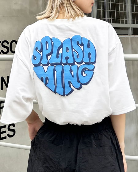 INGNI(イング) 裾ドロストBackハートロゴショート半袖Tシャツ オフホワイト/ブルー