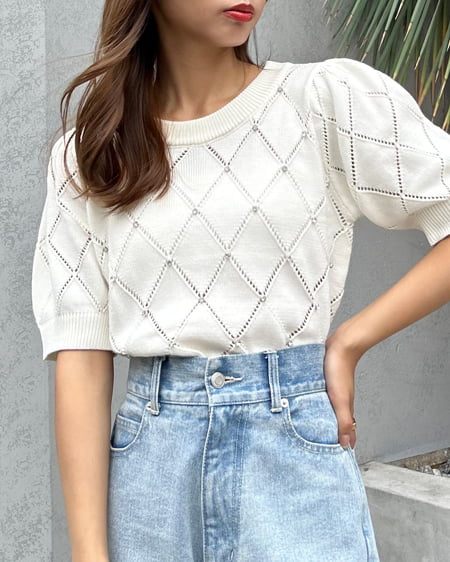 INGNI(イング) ラインストーン半袖ニット オフホワイト