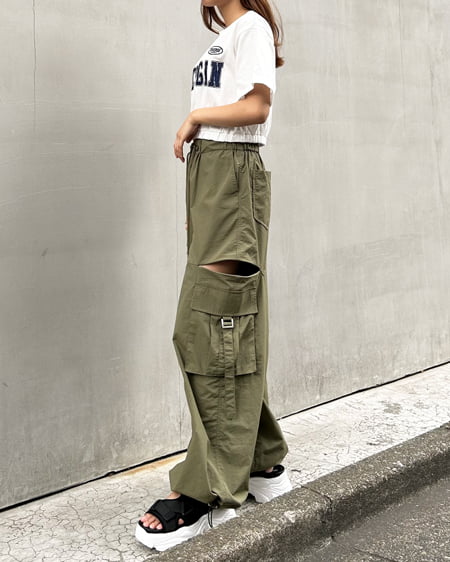 INGNI(イング) サイドファスナーナイロンワイドカーゴ/パンツ カーキ