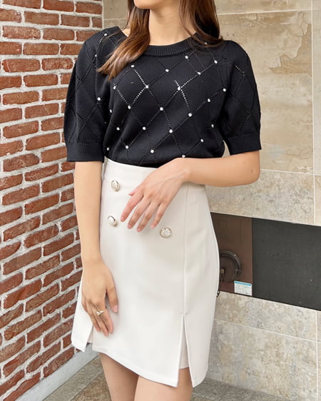 INGNI(イング) ラインストーン半袖ニット クロ