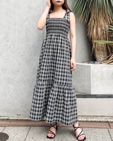 INGNI(イング) 肩リボンシャーリングチェック柄ワンピース クロ/チェック