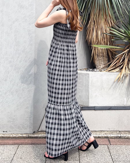 INGNI(イング) 肩リボンシャーリングチェック柄ワンピース クロ/チェック