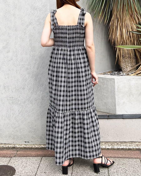 INGNI(イング) 肩リボンシャーリングチェック柄ワンピース クロ/チェック