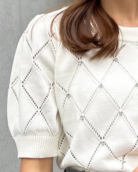 INGNI(イング) ラインストーン半袖ニット オフホワイト