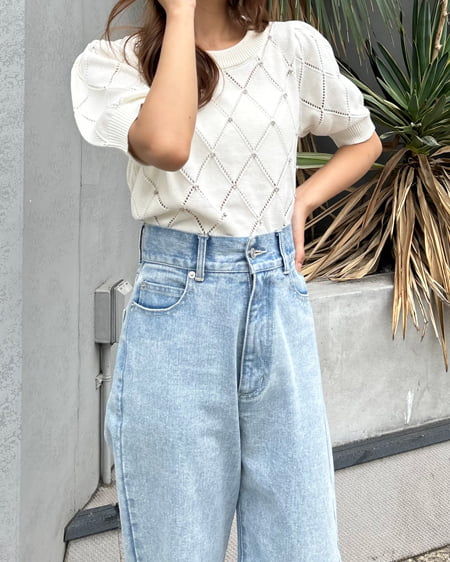 INGNI(イング) ラインストーン半袖ニット オフホワイト