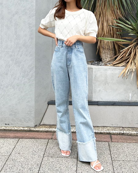 INGNI(イング) ラインストーン半袖ニット オフホワイト