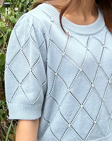 INGNI（イング） ラインストーン半袖ニット ﾌﾞﾙｰ