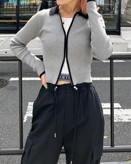 INGNI(イング) 襟付フロントジップ配色ニットカーディガン グレーモク/クロ