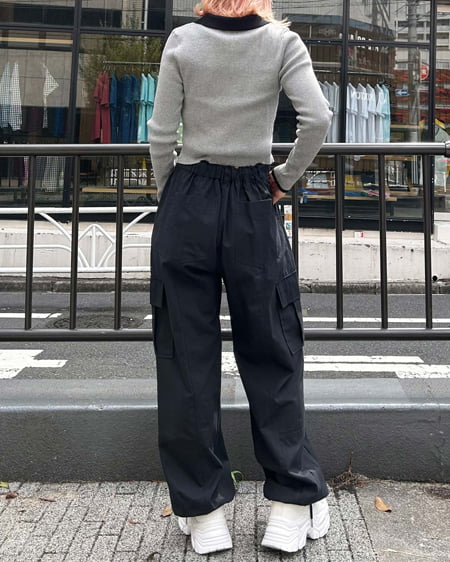 INGNI(イング) 襟付フロントジップ配色ニットカーディガン グレーモク/クロ