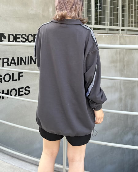 INGNI（イング） ハーフZIP裾ドロスト胸ロゴ袖ラインスウェットチュニック ﾁｬｺｰﾙｸﾞﾚｰ