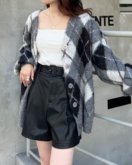 INGNI(イング) アーガイル柄シャギーニットカーディガン クロ/グレー