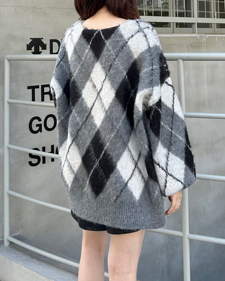 INGNI(イング) アーガイル柄シャギーニットカーディガン クロ/グレー