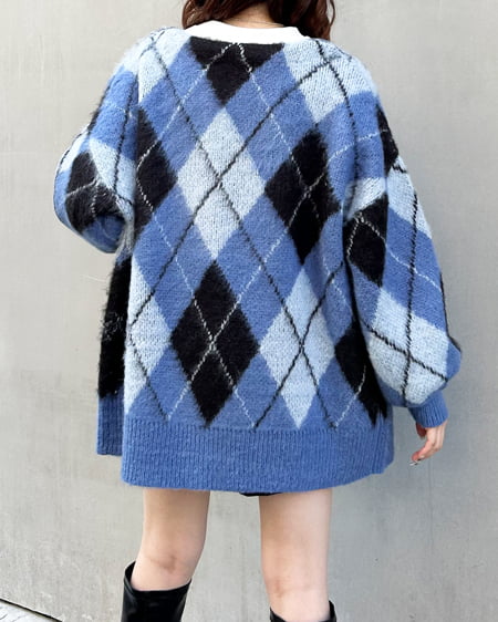 INGNI（イング） アーガイル柄シャギーニットカーディガン ﾌﾞﾙｰ