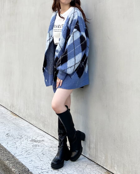 INGNI（イング） アーガイル柄シャギーニットカーディガン ﾌﾞﾙｰ