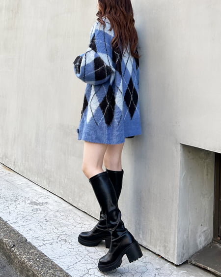 INGNI（イング） アーガイル柄シャギーニットカーディガン ﾌﾞﾙｰ