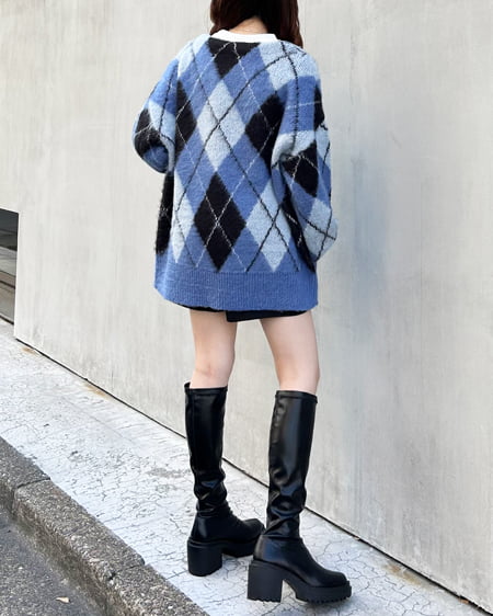 INGNI（イング） アーガイル柄シャギーニットカーディガン ﾌﾞﾙｰ