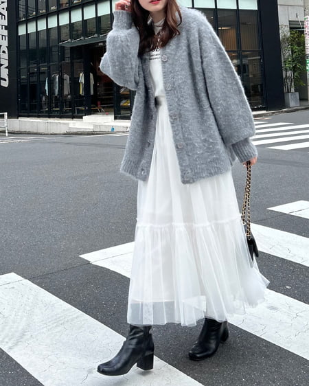 INGNI(イング) ミドル丈シャギーニットカーディガン(前後2way) グレー