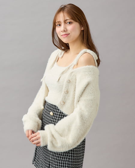 INGNI（イング） フェザーショート丈ニットカーディガン＋肩リボンキャミSET ｱｲﾎﾞﾘｰ