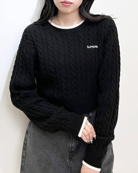 INGNI(イング) 配色胸刺しゅうケーブルニット クロ/オフホワイト