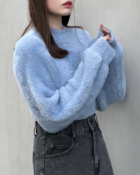 INGNI（イング） ブローチ付フェザーヤーン長袖ニット ﾌﾞﾙｰ