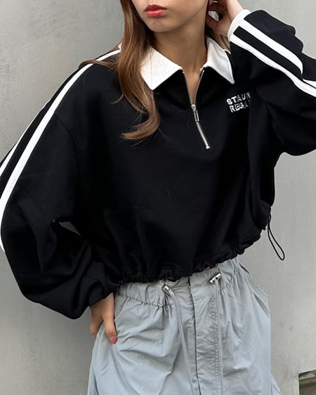 INGNI(イング) ハーフZIP裾ドロスト配色袖ラインショートトップス クロ