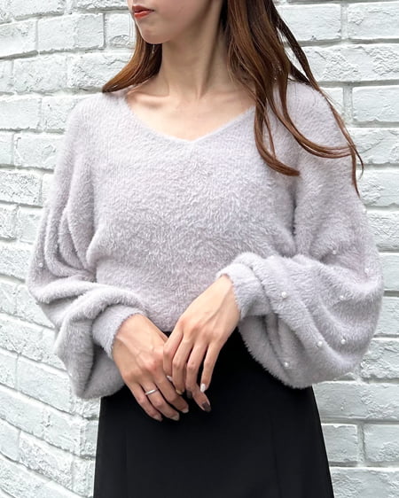 INGNI（イング） Vネック袖パールフェザーヤーンニット ｸﾞﾚｰ