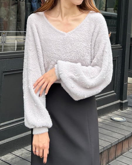 INGNI（イング） Vネック袖パールフェザーヤーンニット ｸﾞﾚｰ