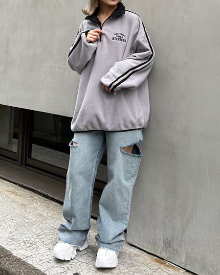 INGNI(イング) ハーフジップ配色サイドラインフリーストップス グレー