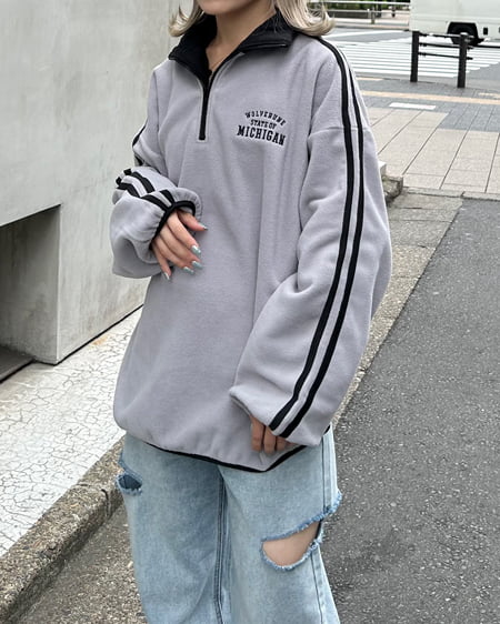 INGNI(イング) ハーフジップ配色サイドラインフリーストップス グレー