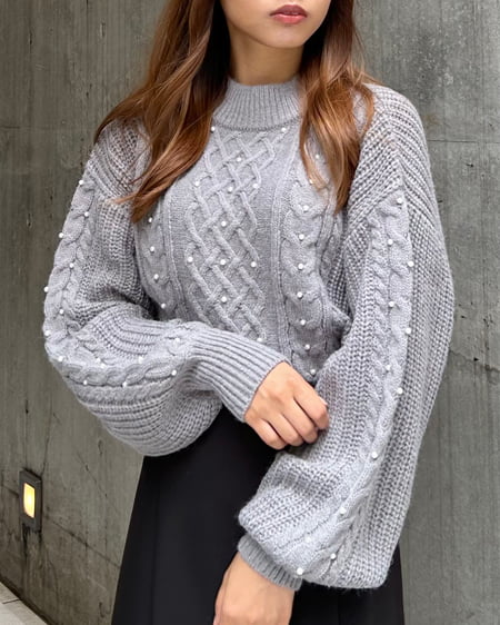 INGNI(イング) パール付ケーブルニット/A グレー
