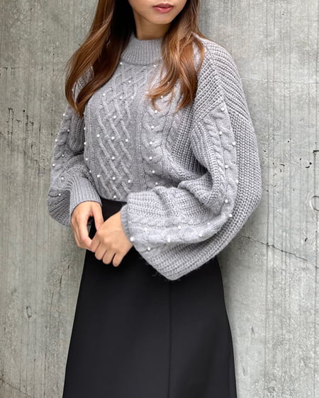 INGNI(イング) パール付ケーブルニット/A グレー