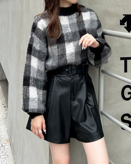 INGNI（イング） ショート丈チェック柄シャギーニット ｸﾛ