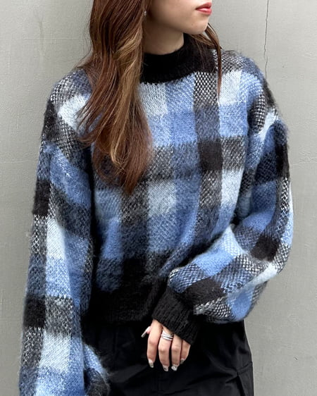 INGNI（イング） ショート丈チェック柄シャギーニット ﾌﾞﾙｰ