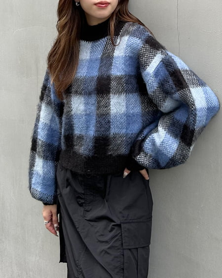 INGNI（イング） ショート丈チェック柄シャギーニット ﾌﾞﾙｰ