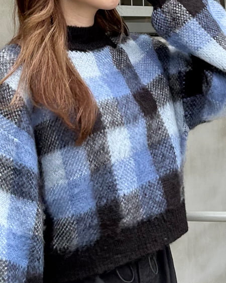 INGNI（イング） ショート丈チェック柄シャギーニット ﾌﾞﾙｰ