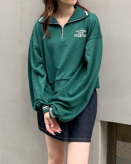 INGNI（イング） ハーフジップ胸ロゴライン配色ショートトップス ｸﾞﾘｰﾝ