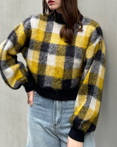 INGNI（イング） ショート丈チェック柄シャギーニット ﾏｽﾀｰﾄﾞ