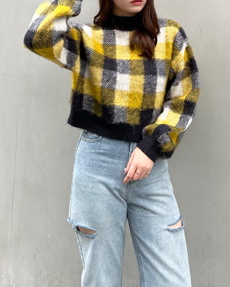 INGNI（イング） ショート丈チェック柄シャギーニット ﾏｽﾀｰﾄﾞ