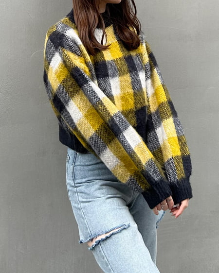 INGNI（イング） ショート丈チェック柄シャギーニット ﾏｽﾀｰﾄﾞ