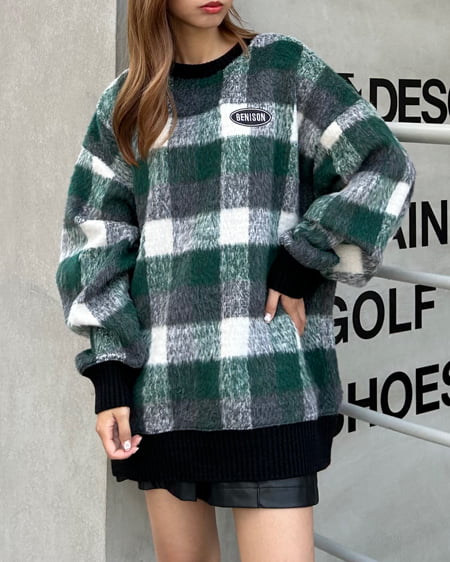 INGNI(イング) 胸刺しゅうロゴチェックリブチュニットップス グリーン