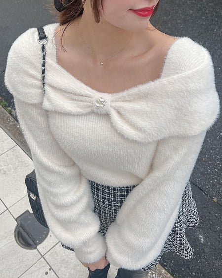 INGNI（イング） フェザーヤーンオフショルリボンニット ｱｲﾎﾞﾘｰ