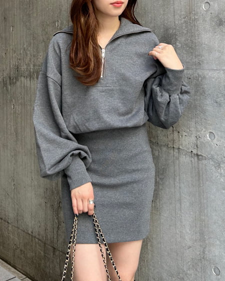 INGNI(イング) ハーフZIPチュニックワンピース チャコールグレー