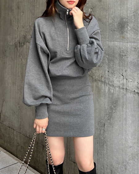 INGNI(イング) ハーフZIPチュニックワンピース チャコールグレー