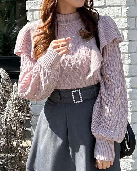 INGNI(イング) フリルケーブルパール付ニット ピンクベージュ