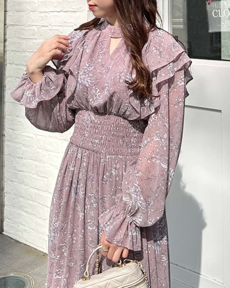 INGNI(イング) デコルテカットアウト花柄フリルワンピース ピンク