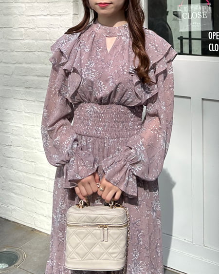 INGNI(イング) デコルテカットアウト花柄フリルワンピース ピンク