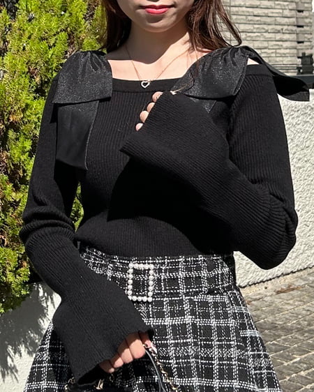 INGNI(イング) オフショル肩リボンニット クロ