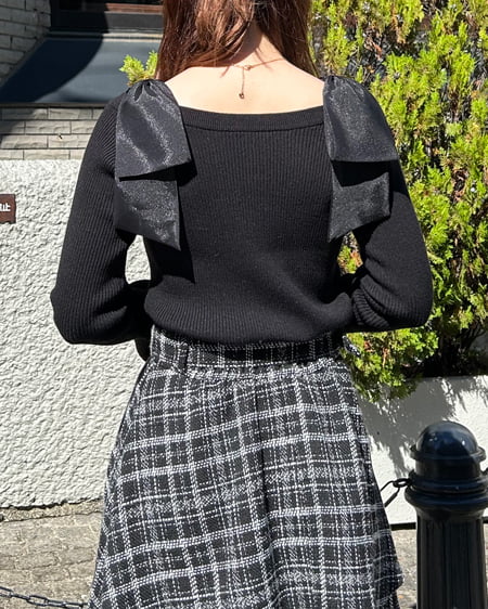 INGNI(イング) オフショル肩リボンニット クロ